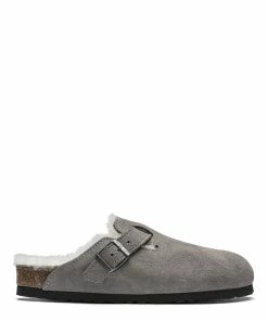 Birkenstock Sabots Boston Fourrure Cuir Stone Coin, Modèle Étroit
