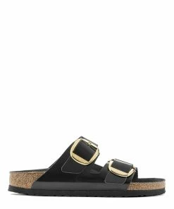 Birkenstock Mules Arizona Big Buckle Cuir Verni Noir, Modèle Étroit