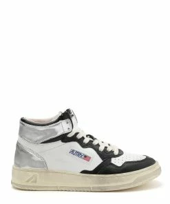 AUTRY Baskets Mid Vintage Cuir Blanc Noir Argenté