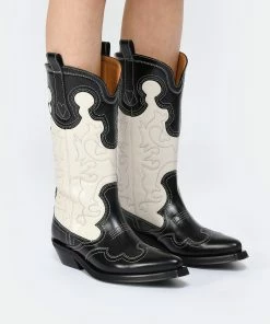 Ganni Bottes Santiag Cuir Noir Écru -Golden Goose-boutique ganni look20230214 76