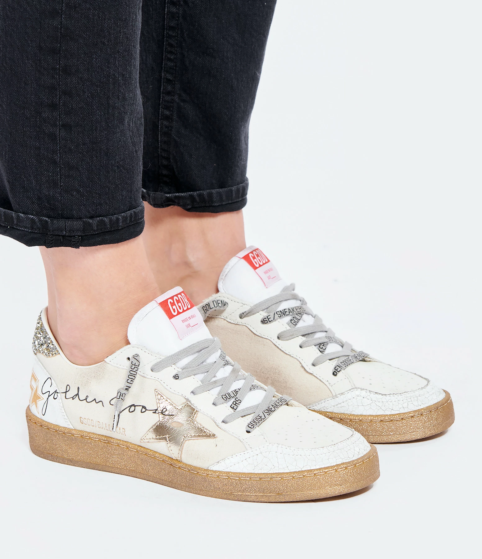 Golden Goose Baskets Ball Star Signature Cuir Blanc Argenté 7 Golden Goose Baskets Ball Star Signature Cuir Blanc Argenté – Image 5