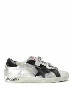 Golden Goose Baskets Old School Cuir Laminé Argenté Noir, Exclusivité Lulli