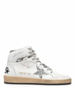 Golden Goose Baskets Sky Star Sérigraphie Cuir Blanc Glitter