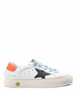 Golden Goose Baskets Enfant May Cuir Blanc Noir Orange Fluo