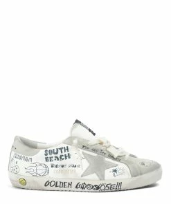 Golden Goose Baskets Enfant Superstar Sérigraphie Cuir Blanc Gris