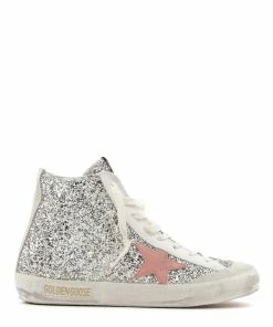 Golden Goose Baskets Francy Glitter Cuir Argenté Rose Foncé