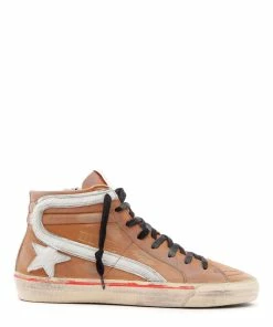 Golden Goose Baskets Homme Slide Vintage Cuir Cognac Blanc