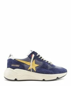 Golden Goose Baskets Homme Running Sole Cuir Bleu Foncé Marine Moutarde