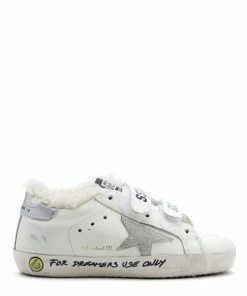 Golden Goose Baskets Bébé Old School Cuir Blanc Beige Argenté