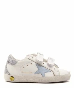 Golden Goose Baskets Bébé Old School Cuir Blanc Bleu Poudré Argenté