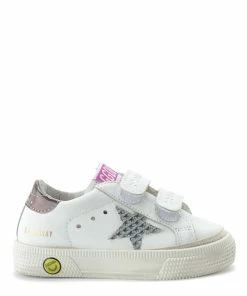 Golden Goose Baskets Bébé May School Cuir Blanc Argenté Gris