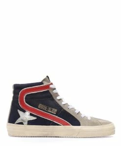 Golden Goose Baskets Homme Slide Cuir Bleu Médiéval Taupe Rouge