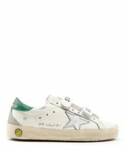 Golden Goose Baskets Enfant Old School Cuir Blanc Argenté Vert