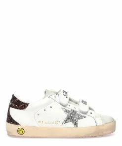 Golden Goose Baskets Enfant Old School Cuir Blanc Argenté Café
