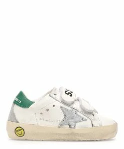 Golden Goose Baskets Bébé Old School Cuir Blanc Argenté Vert