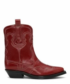 Ganni Bottines Santiag Cuir Cerise