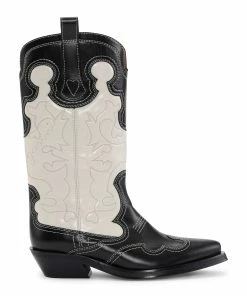Ganni Bottes Santiag Cuir Noir Écru