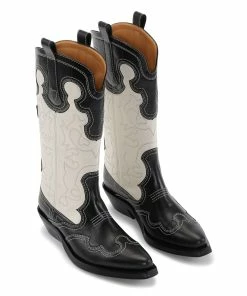 Ganni Bottes Santiag Cuir Noir Écru -Golden Goose-boutique s2121 4911 087 2
