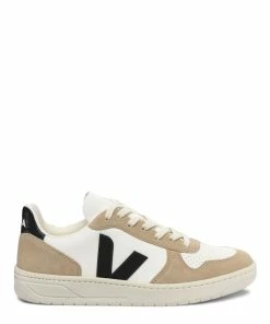 Veja Baskets V 10 Chromefree Cuir Extra Blanc Noir Sahara